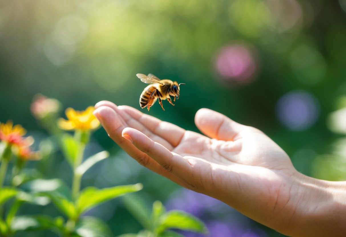 A bee flying close to a person's open hand in a garden with green plants and flowers in the background.