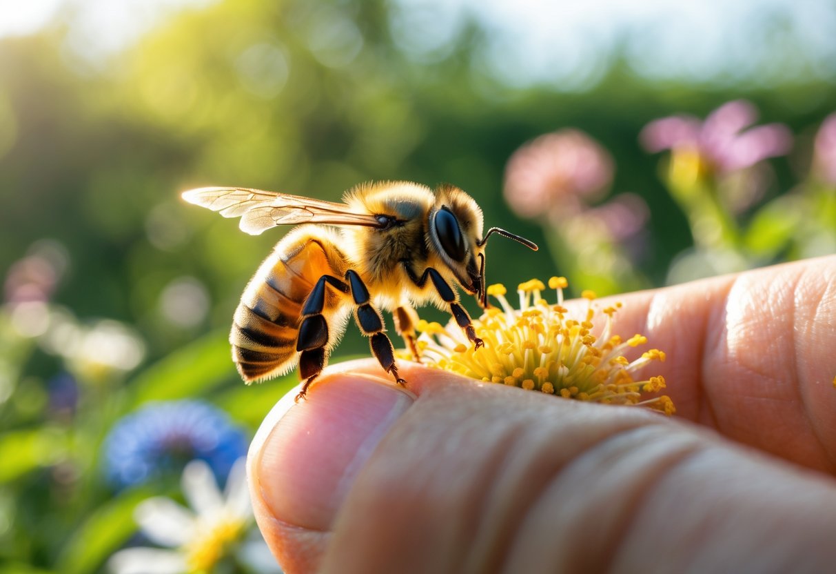 A person gently holding a honeybee on their fingertip outdoors with green plants and flowers in the background.