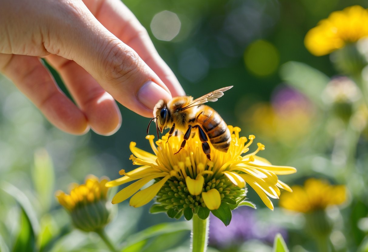 A person gently touching a honeybee on a yellow flower in a garden.