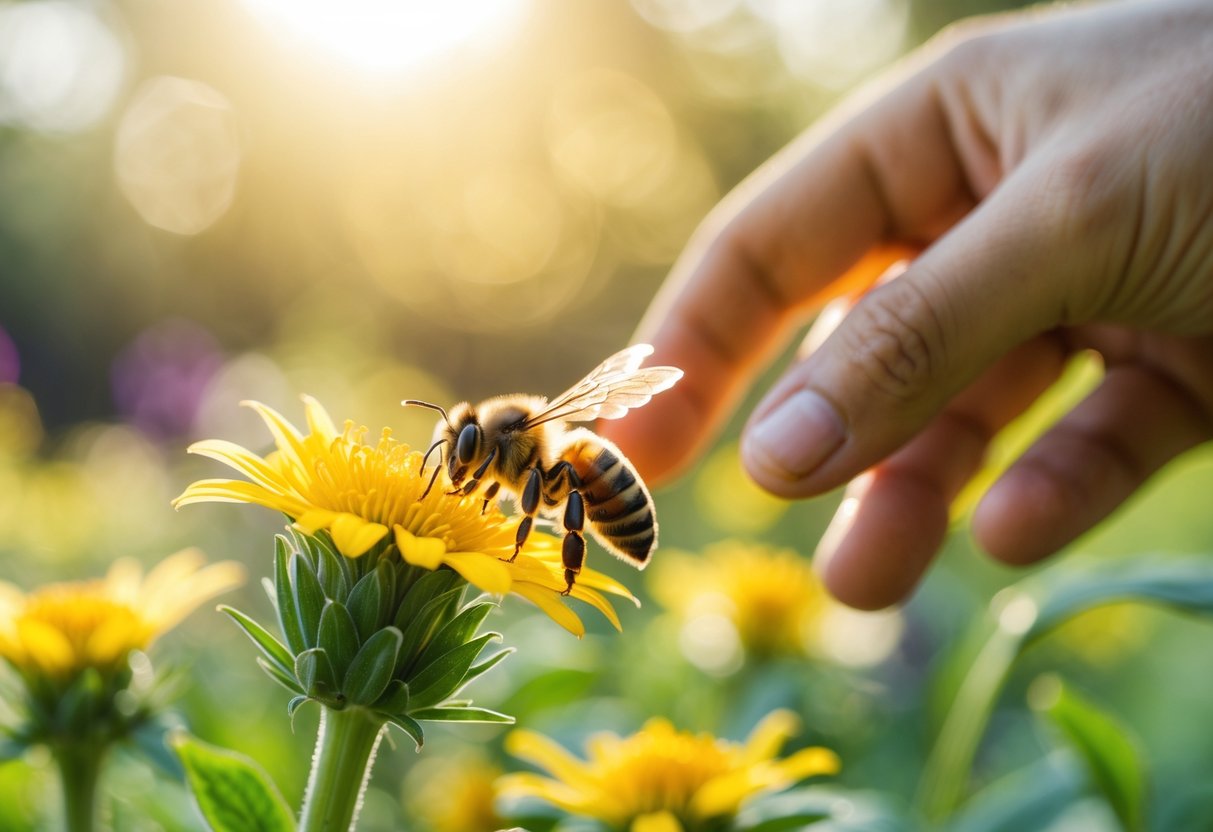 A honeybee on a yellow flower with a human hand reaching towards it in a sunlit garden.