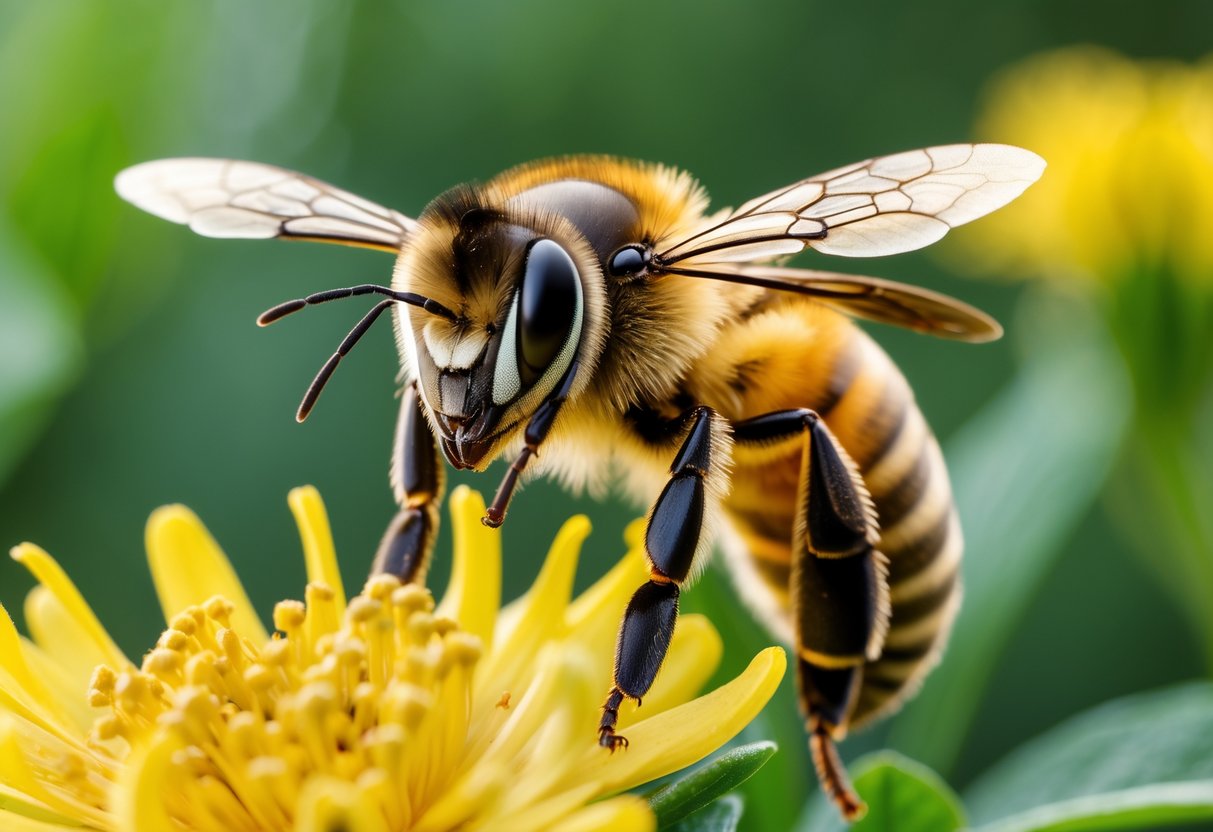 A close-up of a honeybee sitting on a yellow flower, facing forward with its eyes visible.