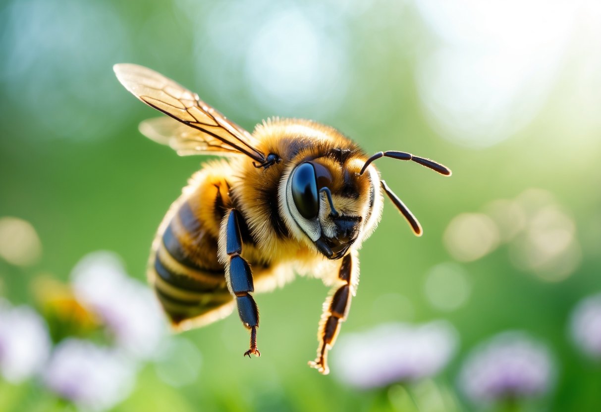 Close-up of a honeybee hovering and facing the camera with a blurred green garden background.