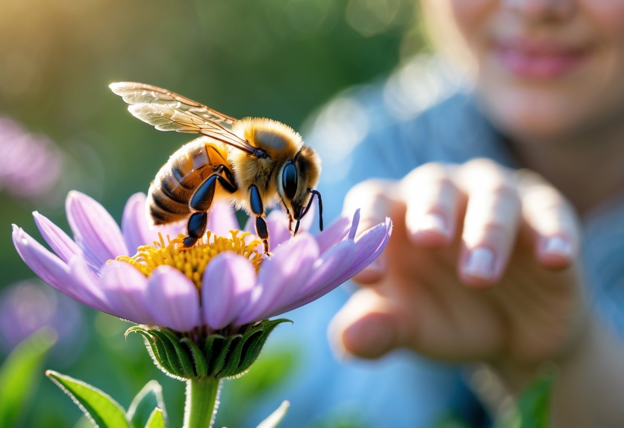 A honeybee on a flower with a human hand and a softly focused human face in the background.