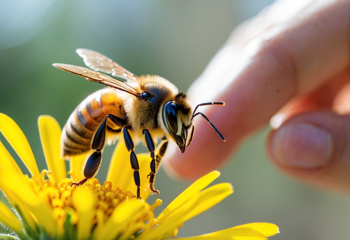 A close-up of a honeybee on a yellow flower with a human hand gently reaching toward it in the background.