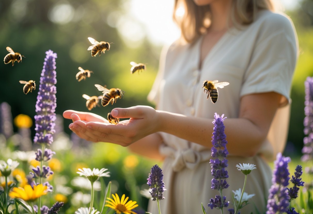 A person in a garden with blooming flowers and bees hovering around their hands and arms.