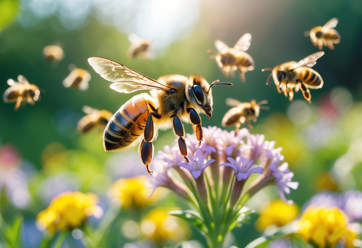 A close-up of a honeybee flying near blooming flowers with other bees in a garden.