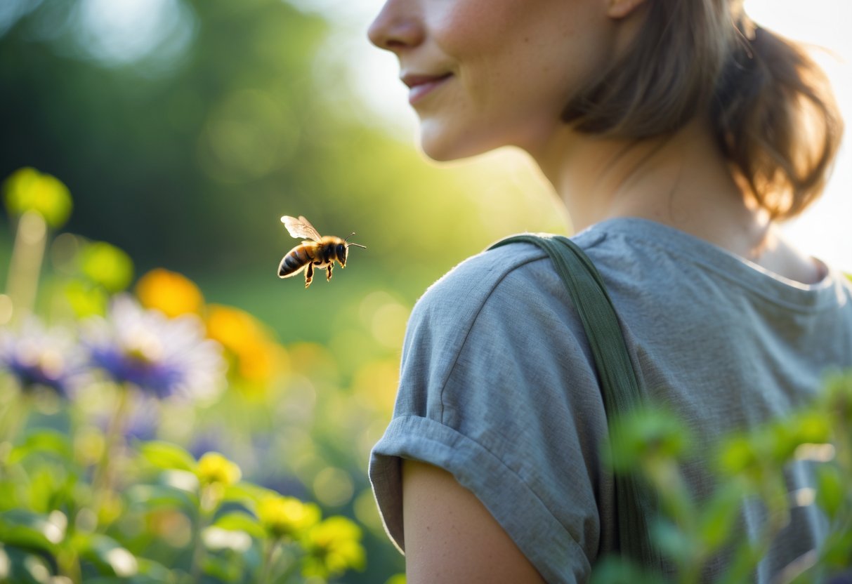 A person outdoors with a bee flying close to their shoulder among green plants and flowers.