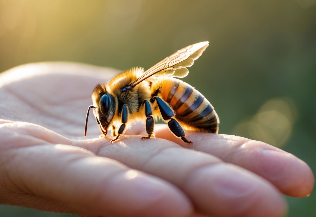 A honeybee resting gently on an open human hand with a blurred green background.
