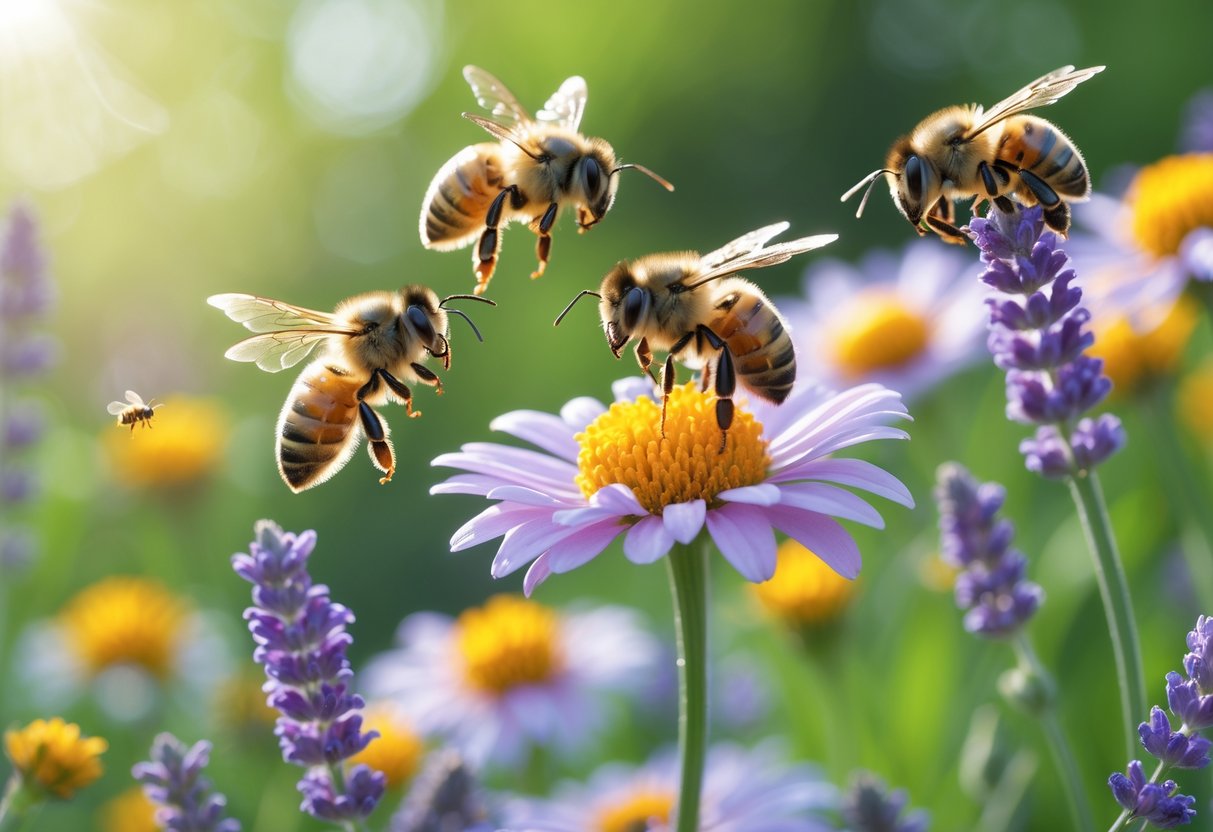Close-up of bees pollinating colorful flowers in a garden with green foliage in the background.