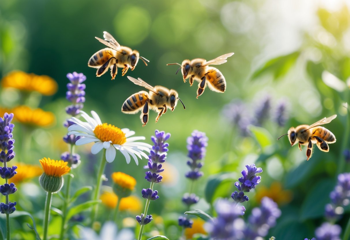 Close-up of honeybees pollinating colorful flowers in a garden with green foliage in the background.