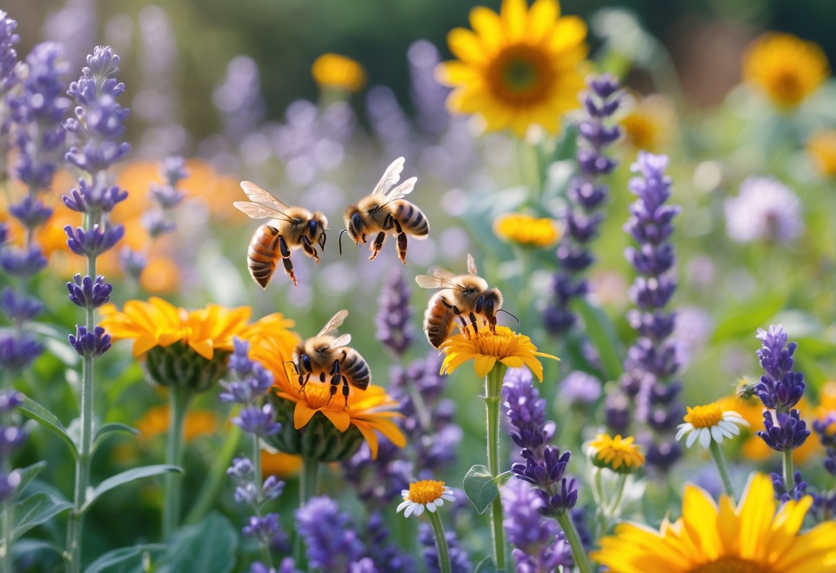 Close-up of honeybees collecting nectar from colorful flowers in a garden.