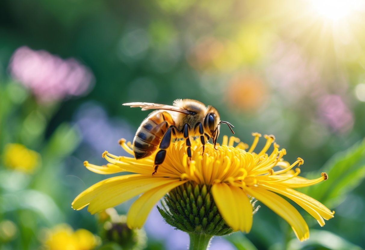 A honeybee resting on a yellow flower in a garden with green plants in the background.