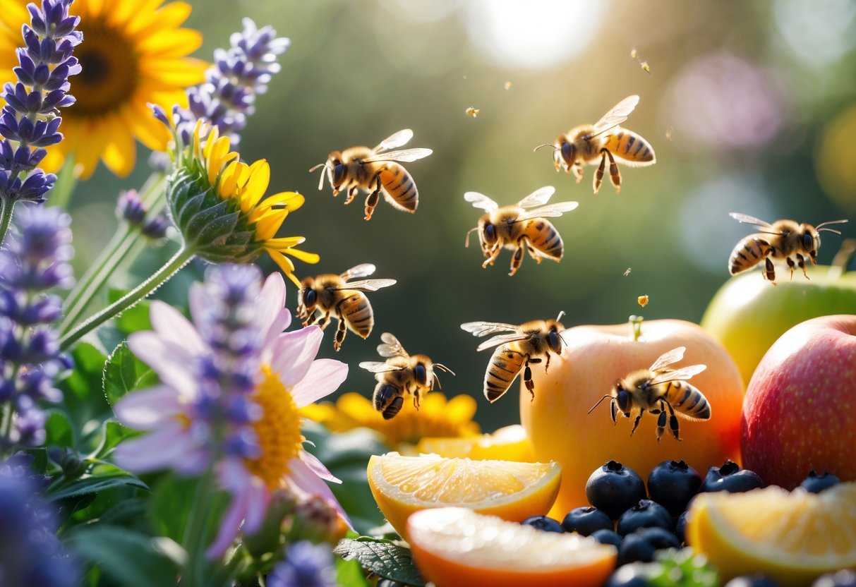 Close-up of bees gathering nectar from colorful flowers and fresh fruits in a natural outdoor setting.