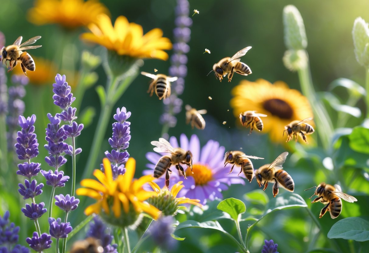 Bees collecting nectar from colorful flowers in a garden.