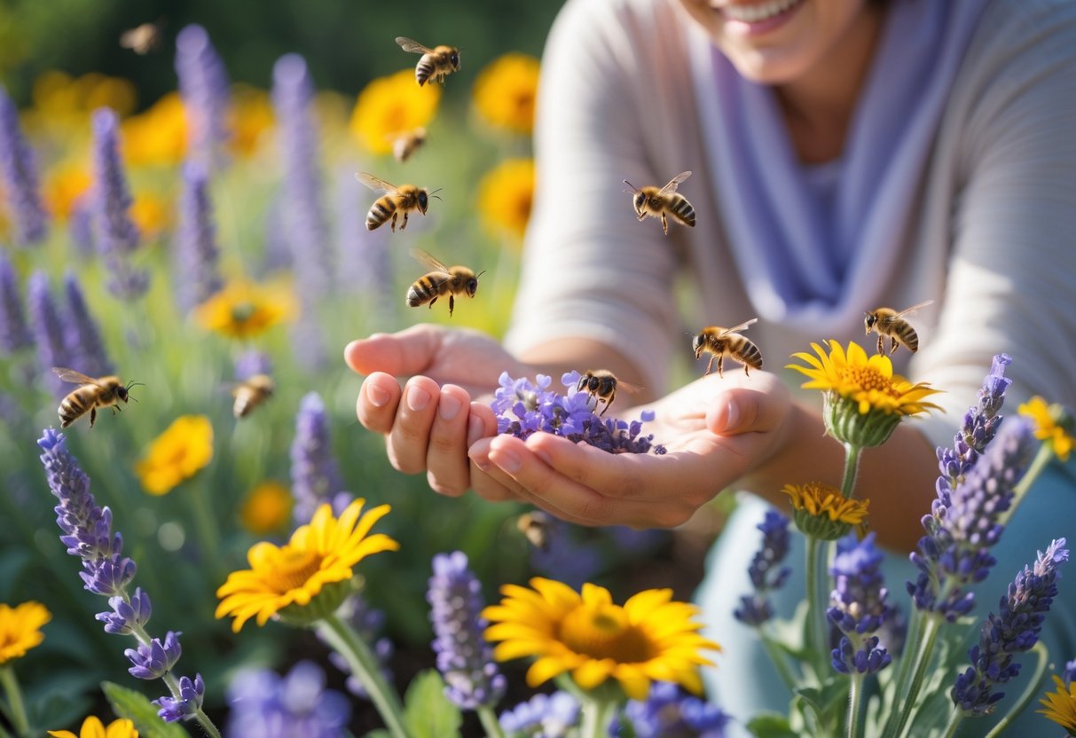 A person outdoors in a garden with flowers and bees hovering nearby.