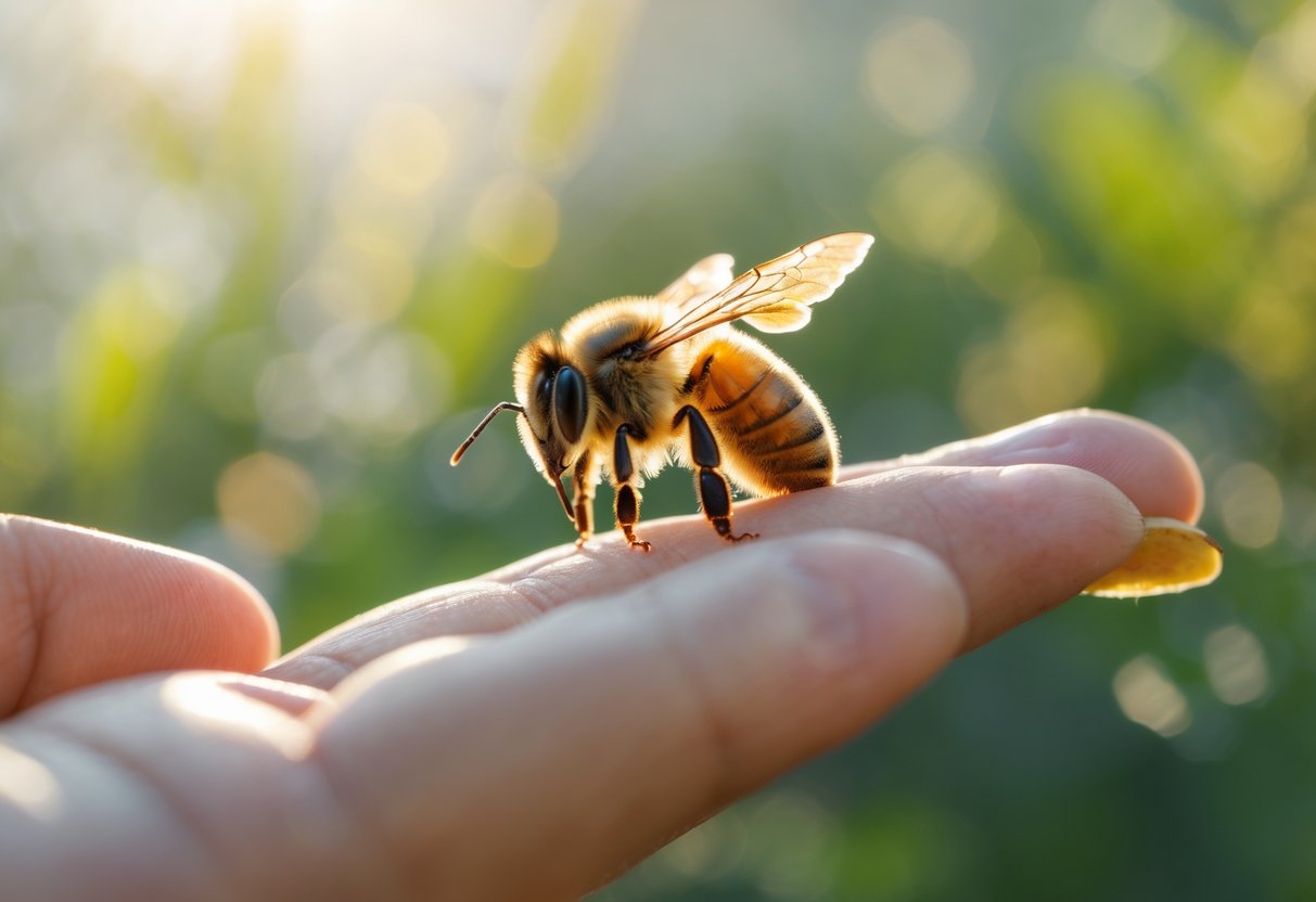 A honeybee resting on a person's finger with a blurred green background.