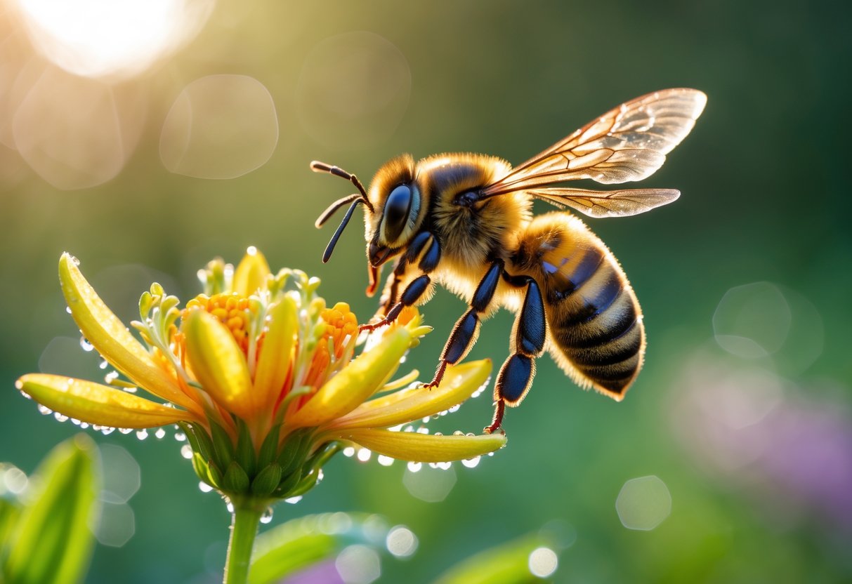 A bee flying toward a bright yellow and orange flower with green leaves in the background.