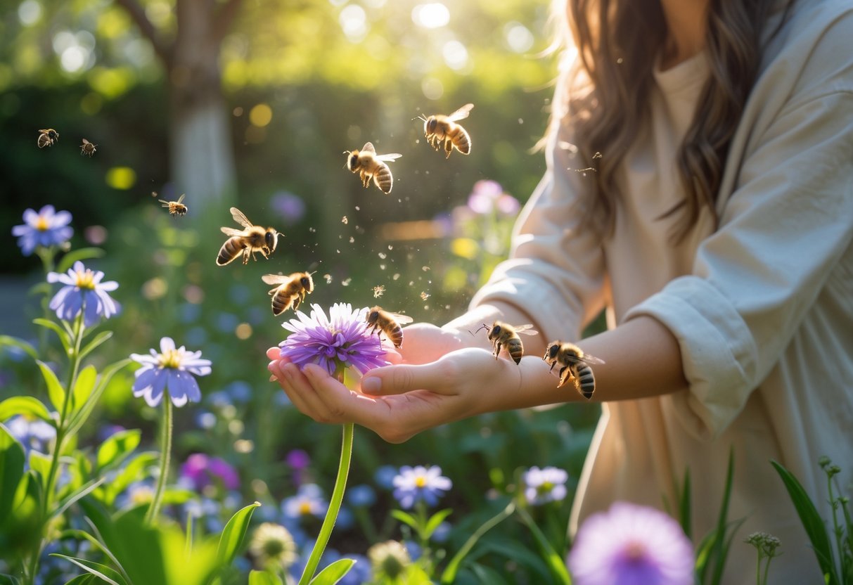 A person in a garden surrounded by flowers with bees flying nearby and landing on the flowers.