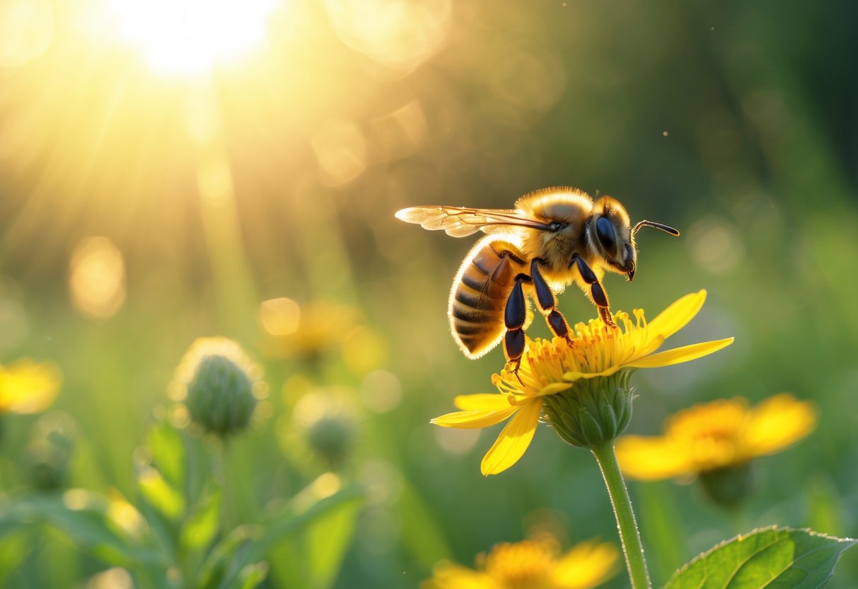 A honeybee resting on a yellow flower in a sunlit meadow with green foliage in the background.