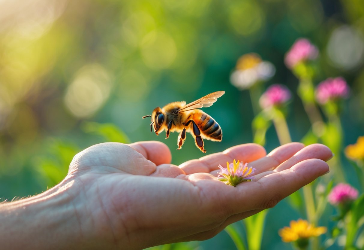A honeybee landing on a person's outstretched hand outdoors surrounded by green plants and flowers.