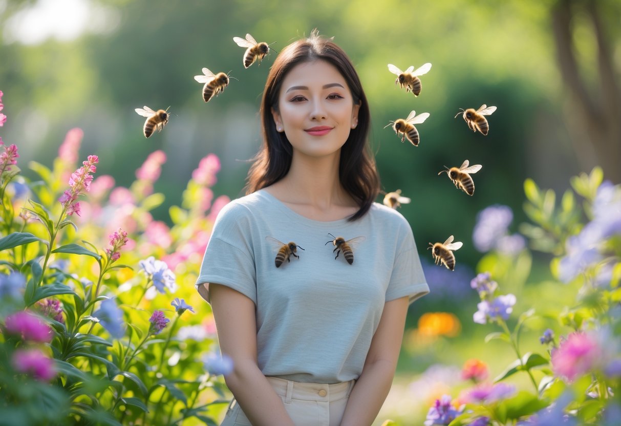 A woman standing in a garden with bees hovering around her arms and shoulders.