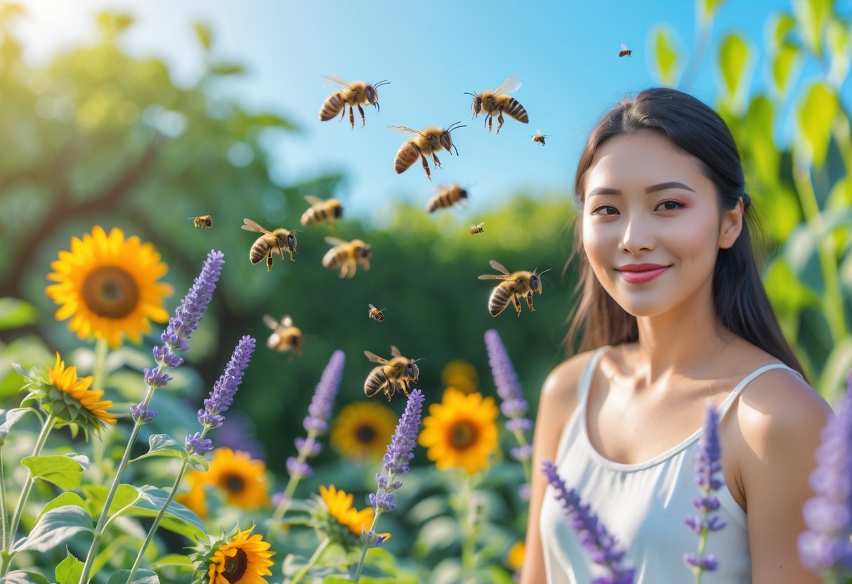 A woman standing in a garden with flowers as bees hover around her.