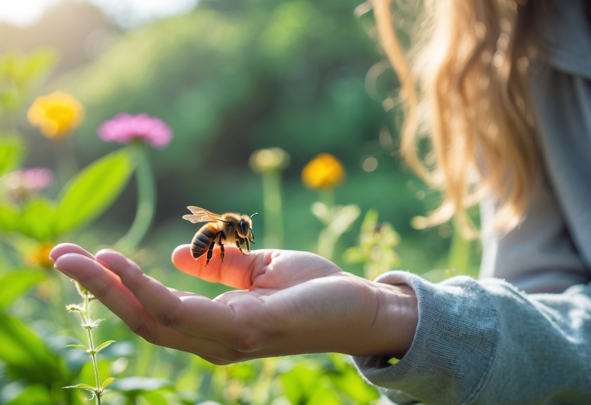 A person outdoors gently observing a bee resting on their hand with green plants and flowers in the background.