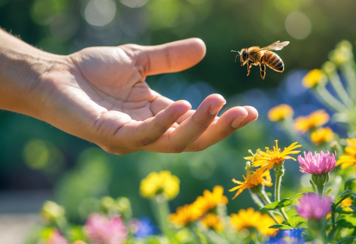 A person outdoors calmly observing a bee near colorful flowers.