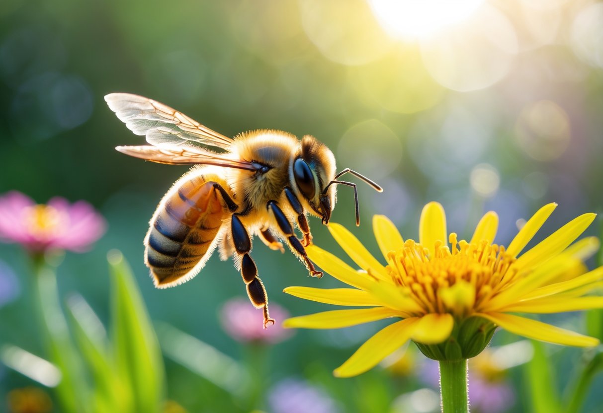 A honeybee flying toward a yellow flower in a sunlit garden with green plants in the background.