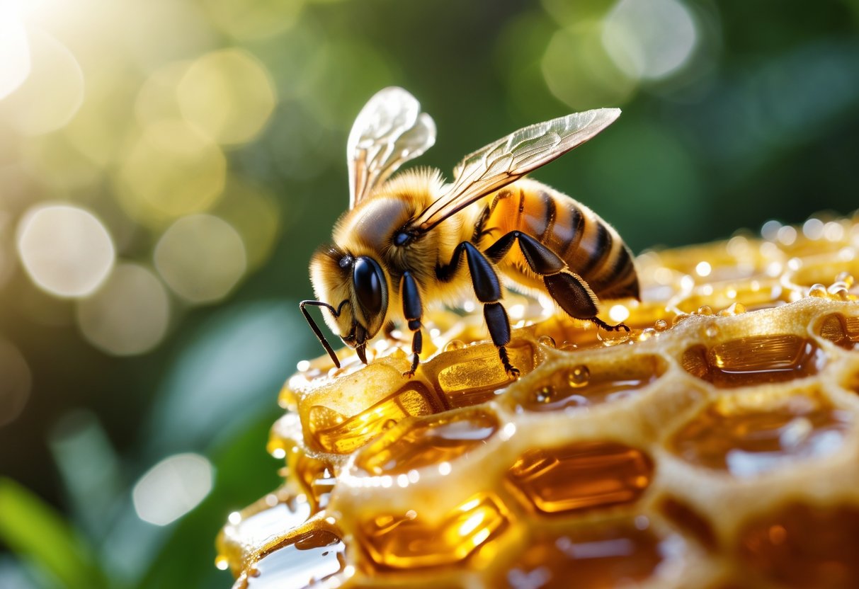 A honeybee on a honeycomb shaped like stacks of coins with green foliage in the background.