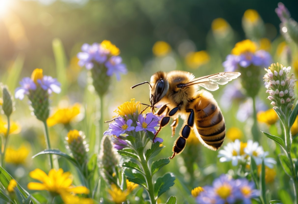 A honeybee collecting nectar from colorful wildflowers in a sunlit meadow.