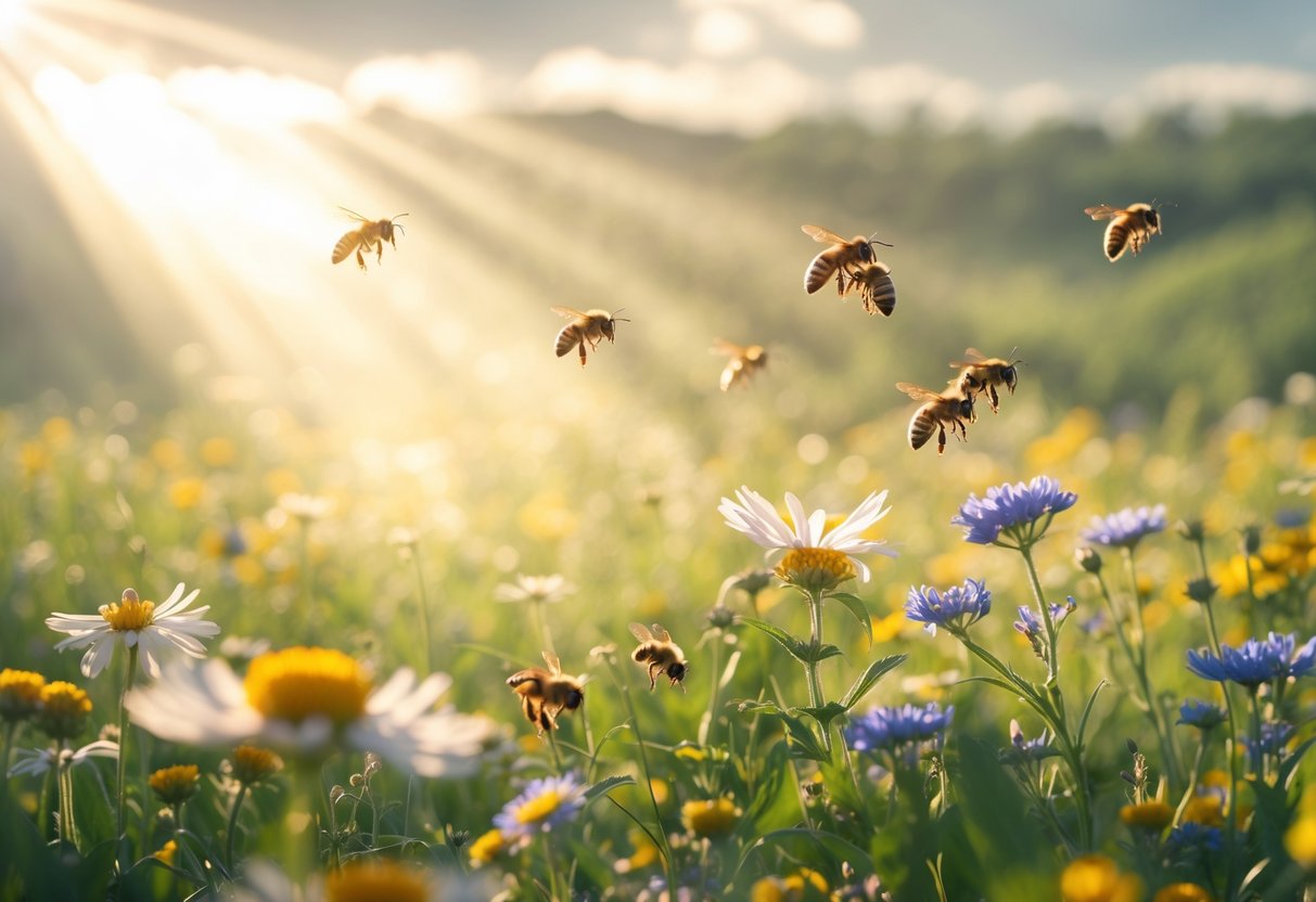 Bees flying over colorful wildflowers in a sunlit meadow with soft beams of light shining through the sky.
