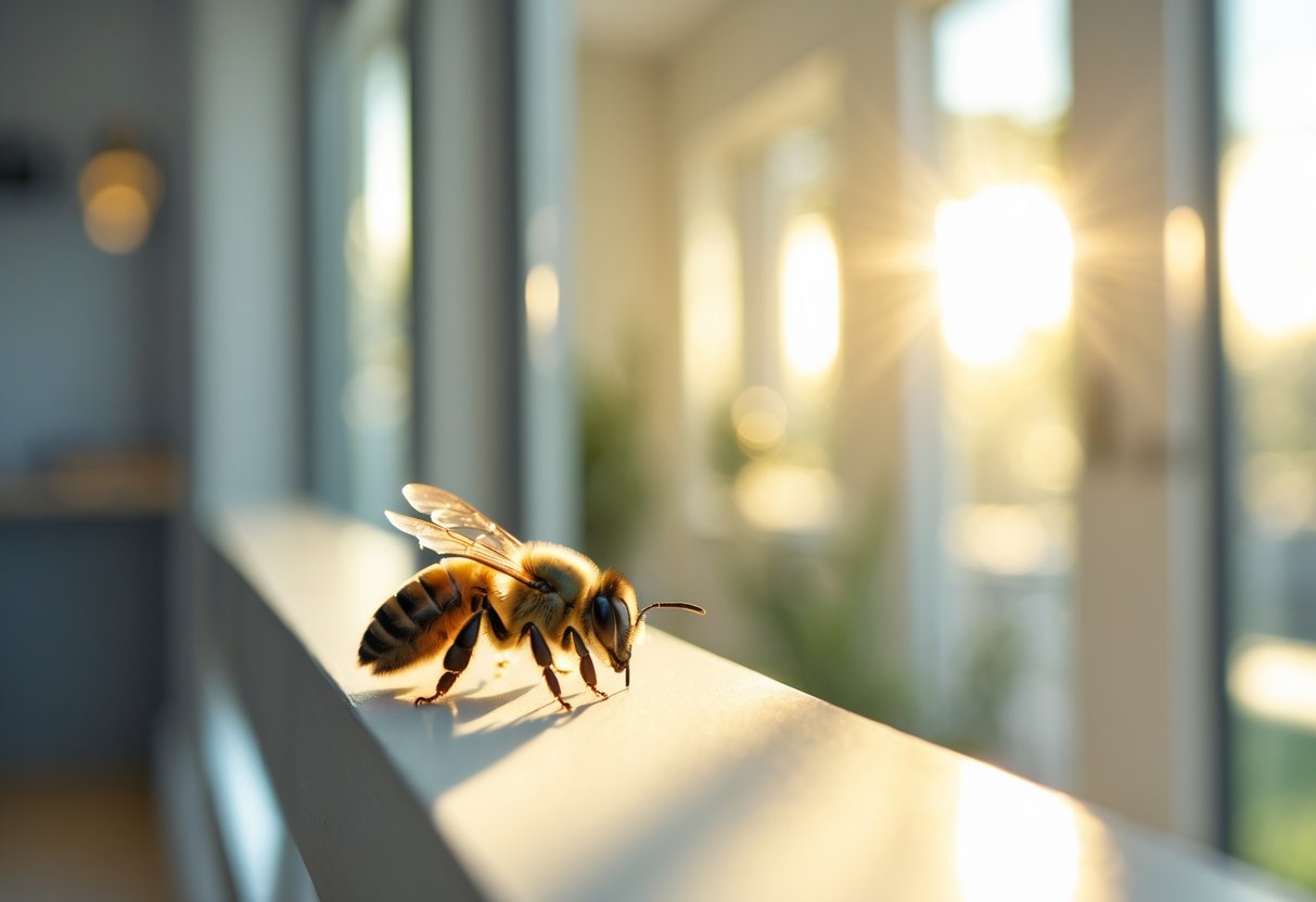 A bee resting on a sunlit window sill inside a cozy home.