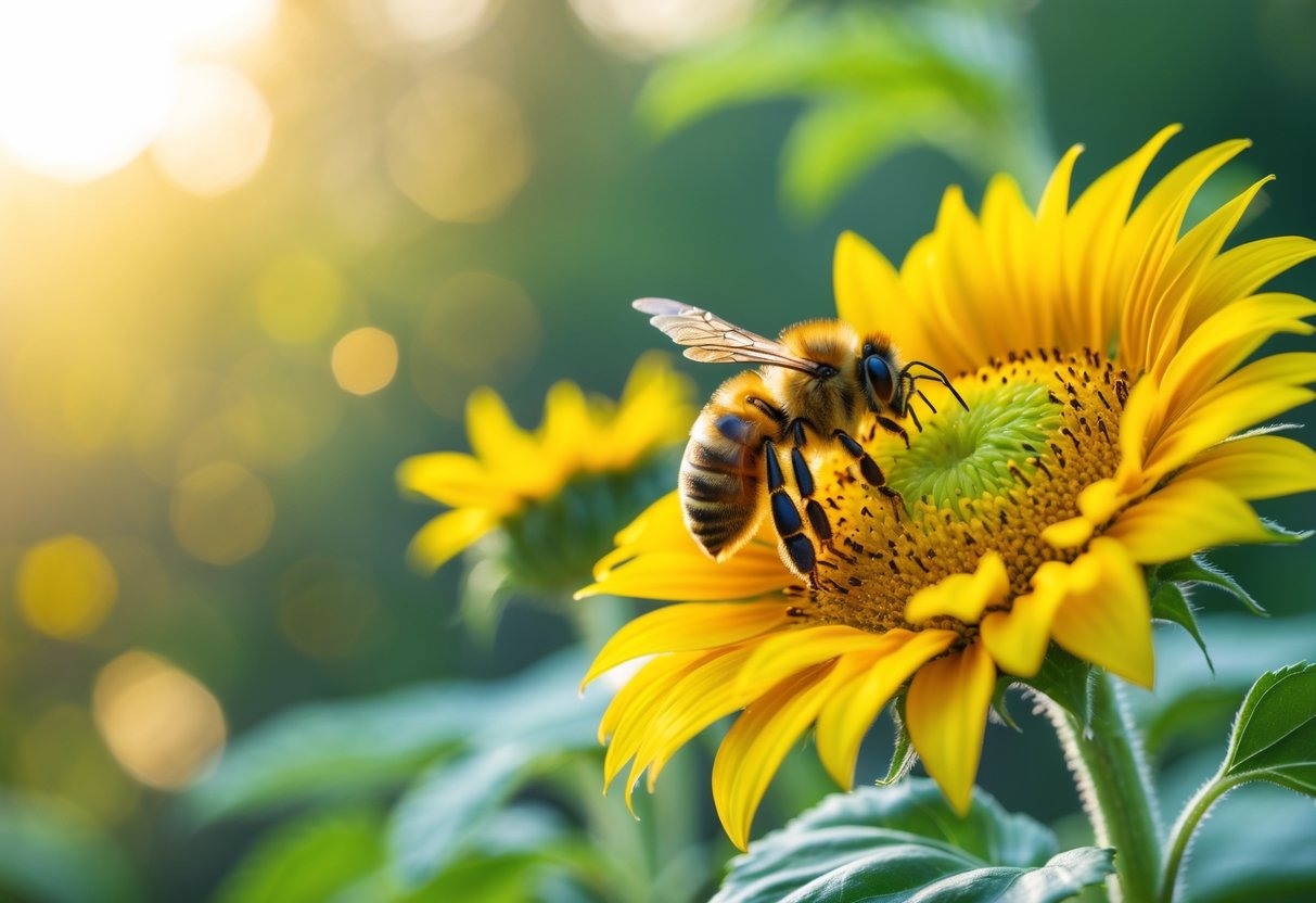 A close-up of a honeybee on a yellow sunflower with green leaves in the background.