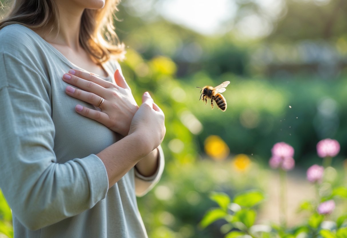 A person outdoors calmly holding their hands near their chest while a bee flies close to their face in a garden.