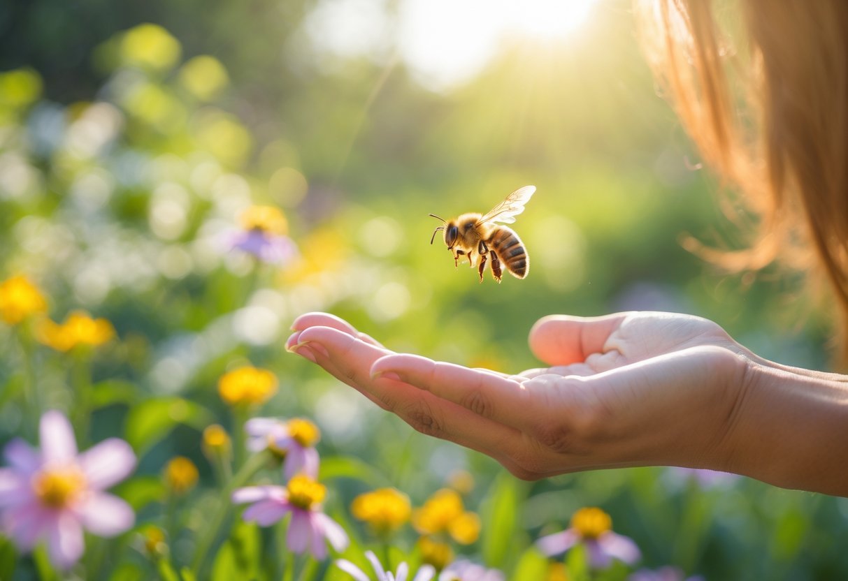 A honeybee hovering near a person's outstretched hand in a sunlit garden with flowers.