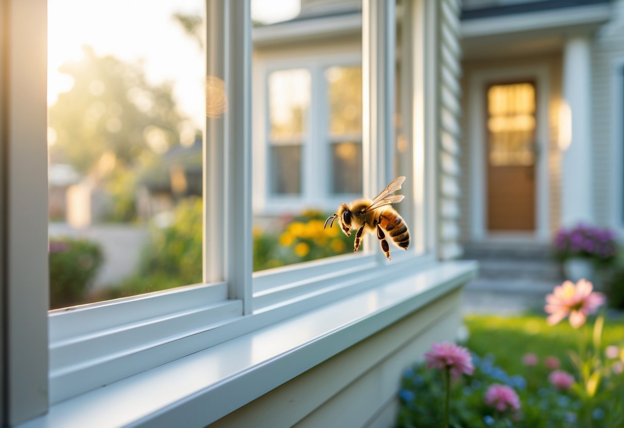 A honeybee landing on the windowsill of a suburban house with a garden in the background.