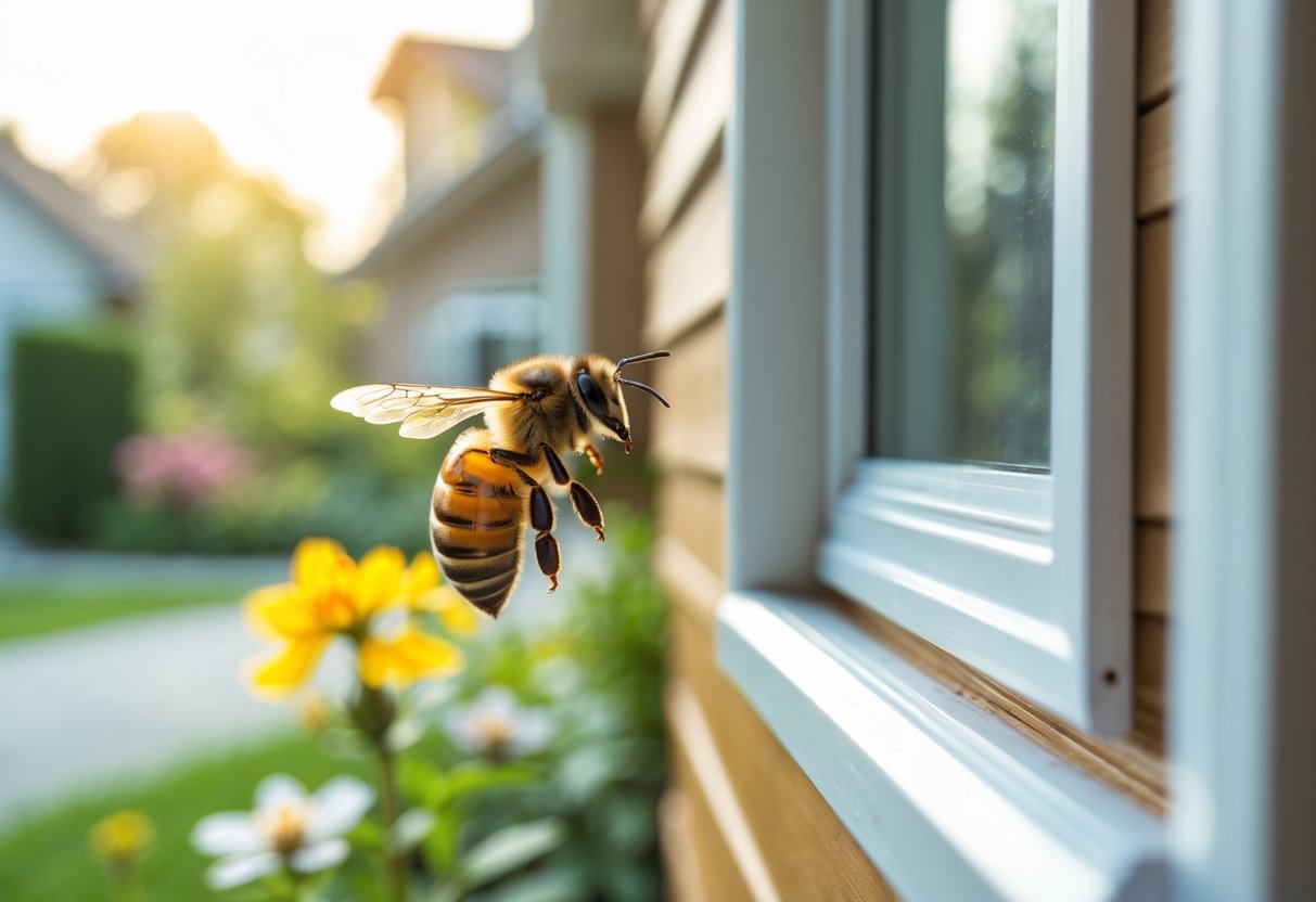 A honeybee landing on the exterior wall of a house near a window with garden plants in the background.