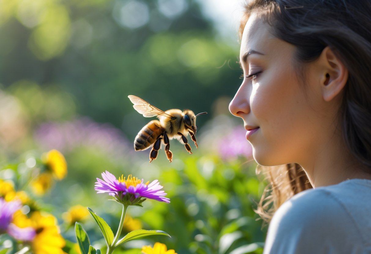 A person standing calmly in a garden watching a bee hovering near a flower.