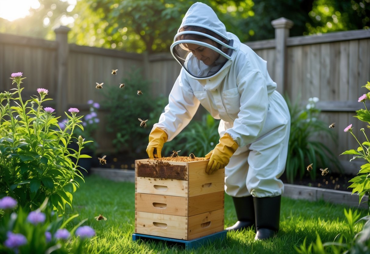 A person in protective gear carefully relocating a small beehive in a garden with plants and bees flying around.