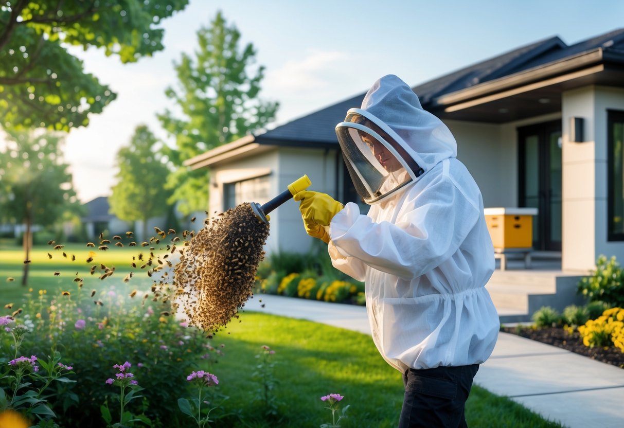 A person in protective clothing gently guiding bees away from a suburban house using a bee smoker and brush.