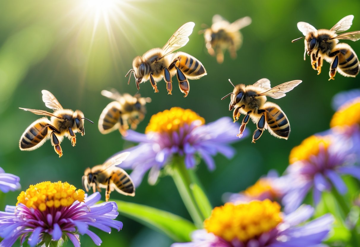 Close-up of bees flying around colorful flowers in bright daylight.