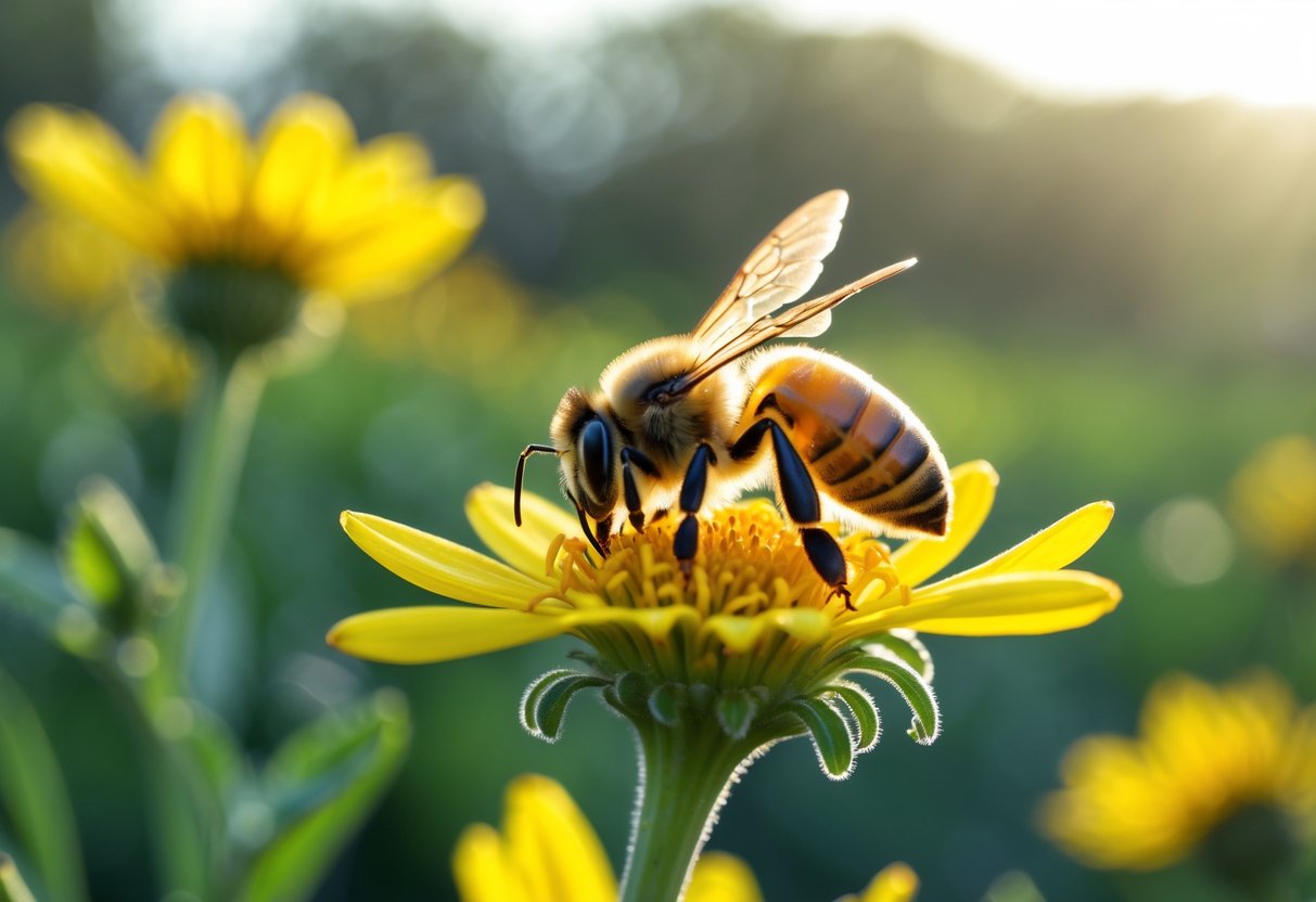 Close-up of a honeybee on a yellow flower in a garden during early morning.