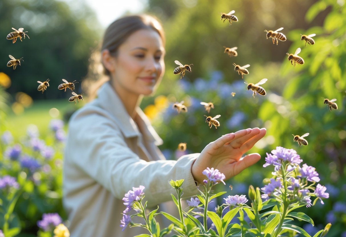 A person waving their hand near flowers outdoors to keep bees away.