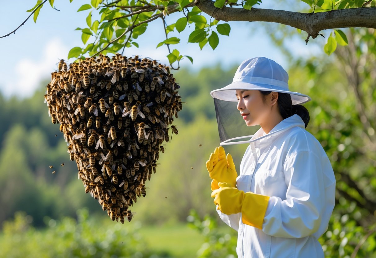 A person wearing protective clothing watches a swarm of bees clustered on a tree branch outdoors.