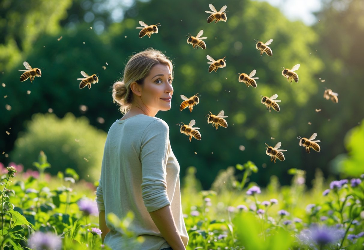 A person outdoors looking back as several bees fly nearby among flowers and greenery.