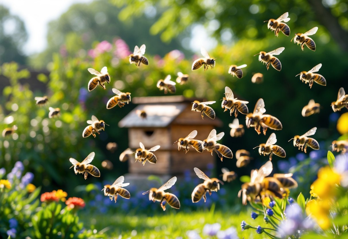 A swarm of honeybees flying near a wooden beehive surrounded by green plants and colorful flowers.