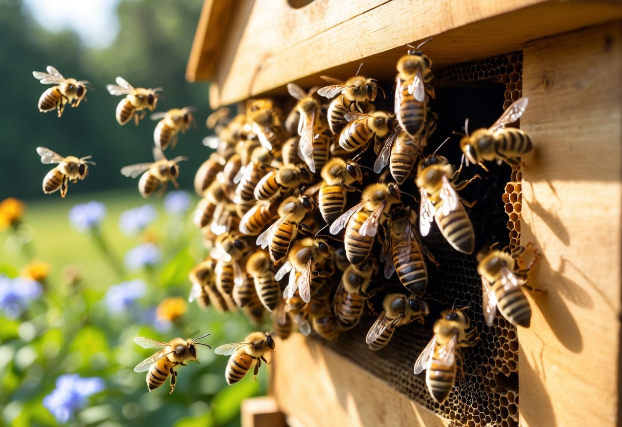 A large swarm of honeybees clustered near the entrance of a wooden beehive in a garden with flowers.