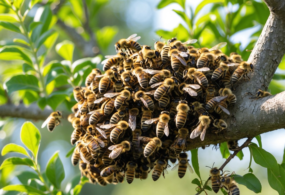 A large swarm of honeybees clustered on a tree branch with green leaves around them.