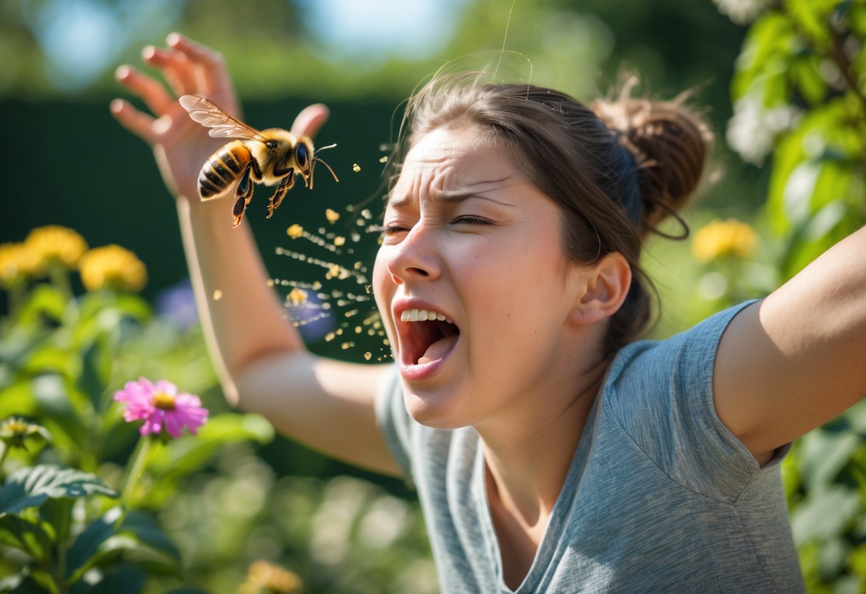 A person panicking and waving their arms at a bee hovering near their face in a garden.